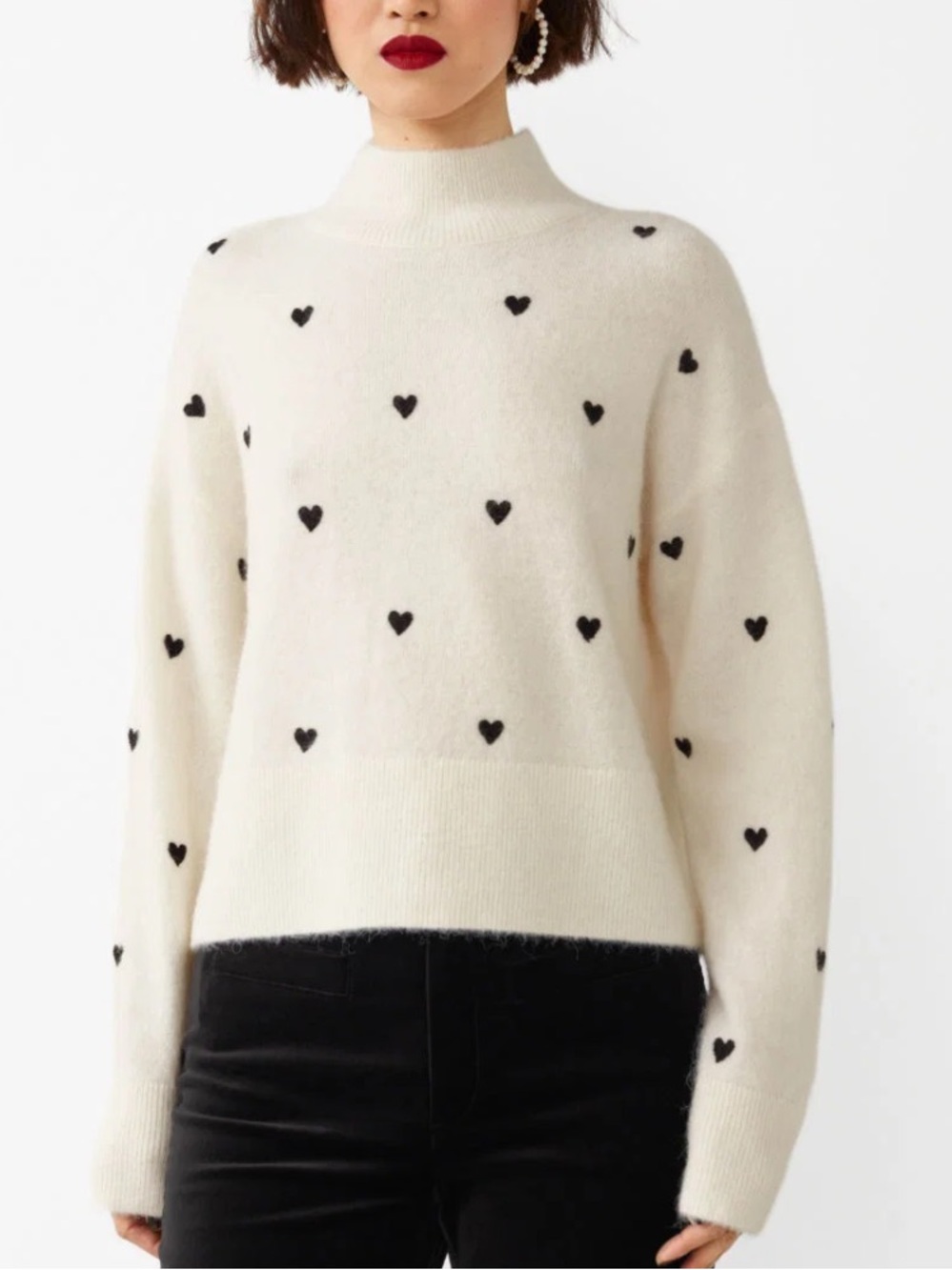 & Other Stories Cream Heart-Pattern Mock Neck cropped Sweater size M
